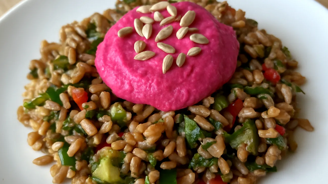 Insalata di farro con hummus di barbabietola e semi di girasole"